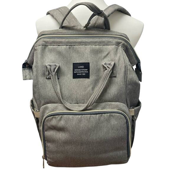 LAND Designed for Baby Gray Backpack Diaper Bag Exterior Interior Zipper Pocket - Picture 1 of 7